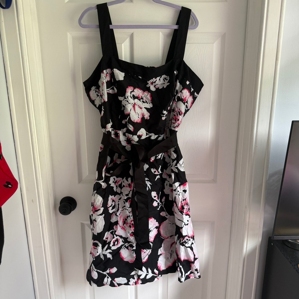 Fashion Bug Floral Fit and Flare Dress Black Pink White Belted Y2K 24W